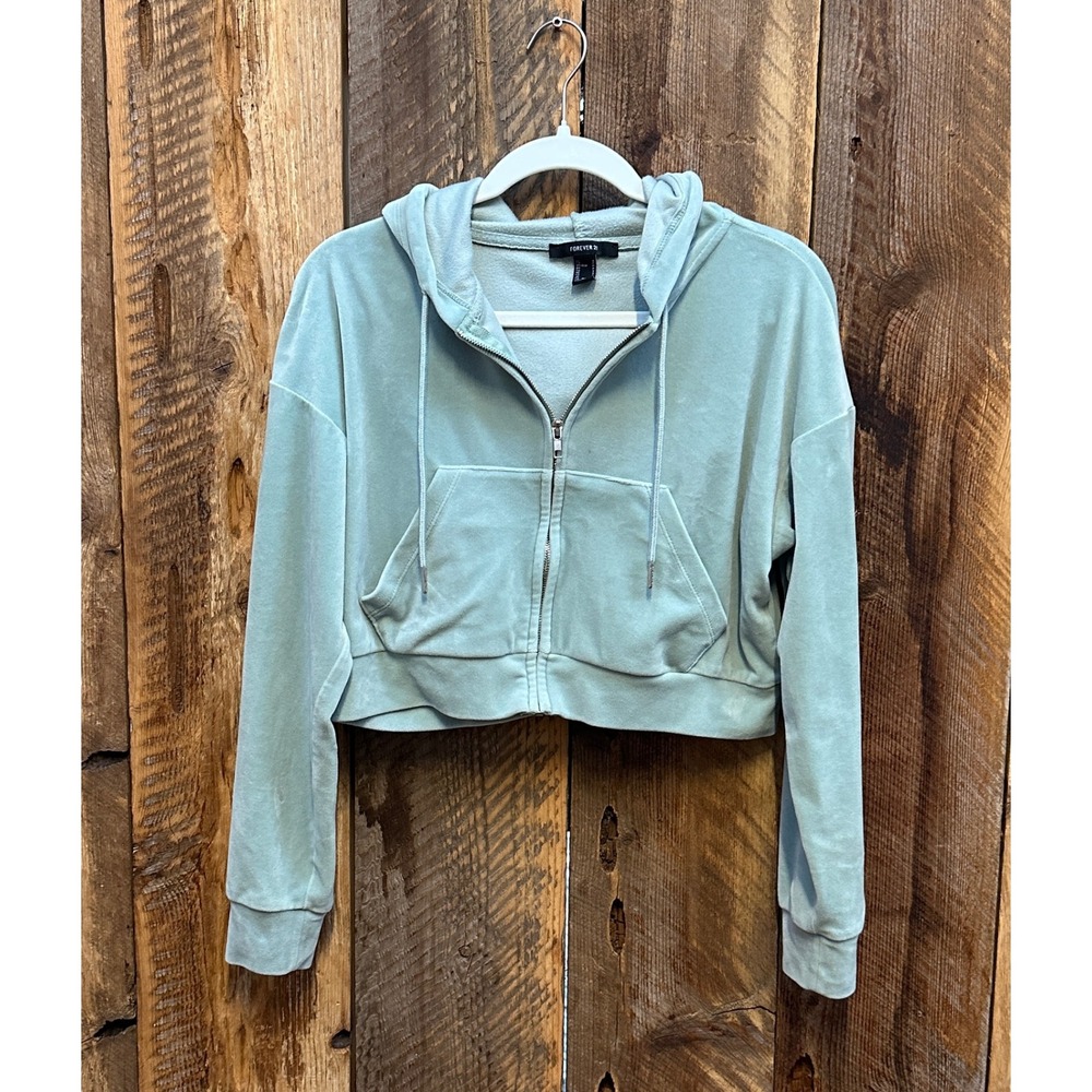 Forever 21 Sage Green Velour Cropped Zip-Up Hoodie Y2K Loungewear Soft Size S